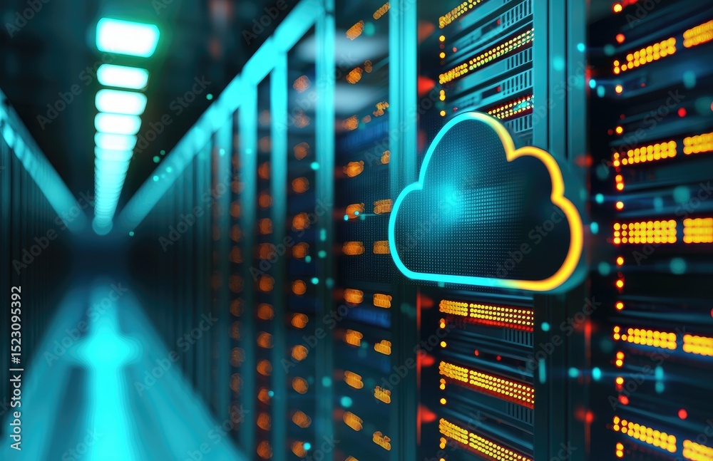 Fototapete futuristic 3d illustration of cloud computing with digital blue and orange neon cloud icon on server