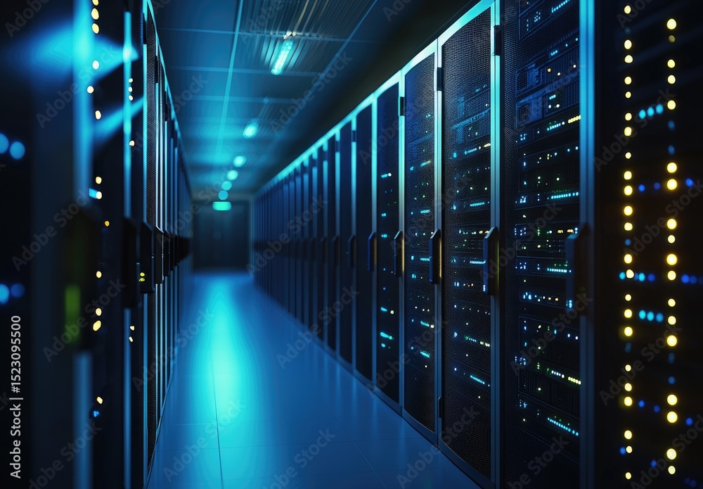 Fototapete 3D rendering of a secure data center hallway with rows of dark server cabinets illuminated by blue lighting, symbolizing digital storage, connectivity, and IT infrastructure