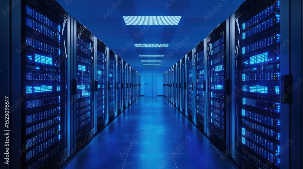 Leinwandbilder 3d rendering of a symmetrical server room filled with blue-lit racks in a data center, illustrating 