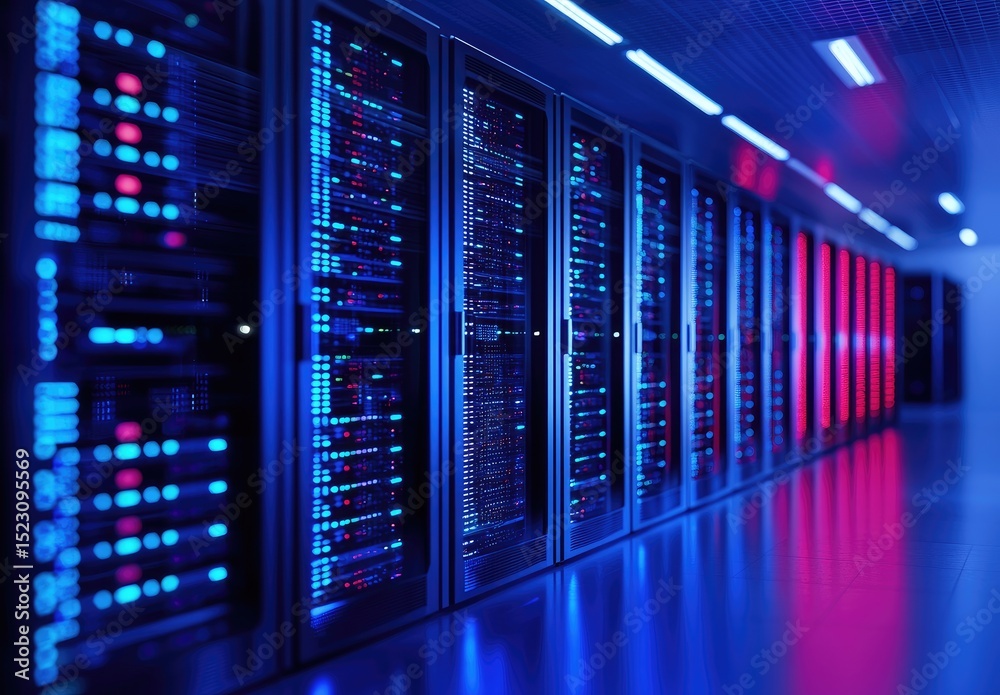 Fototapete 3D rendering of a data center with rows of glowing blue and red server racks, illustrating cloud computing infrastructure, data management, and secure digital networking
