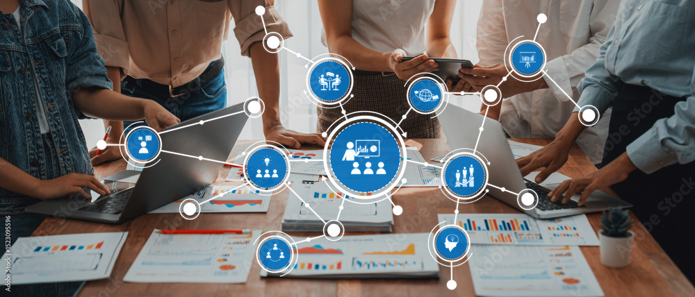 Poster Diverse professionals collaborate in a modern office setting, utilizing technology and data analysis to enhance creativity, communication, and productivity for business success. Amity