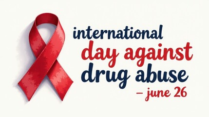 International Day Against Drug Abuse greeting card with lettering and red awareness ribbon