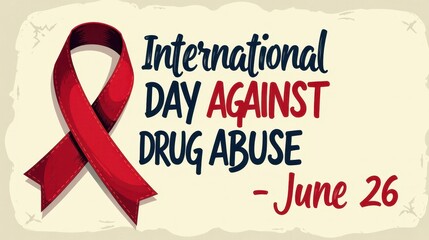 International Day Against Drug Abuse greeting card with lettering and red awareness ribbon