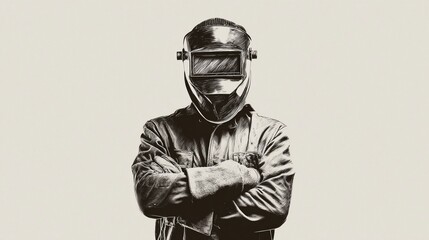 Welder framed with strong lighting, protective gear visible, sparks flying, showing intensity and industrial commitment.