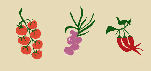vector illustration of a cherry tomatoes, onions, peppers chili, poster for the kitchen