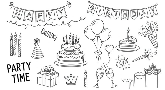 Birthday party elements line art