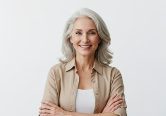 Portrait of a Happy Mature Woman with Gray Hair and Arms Crossed