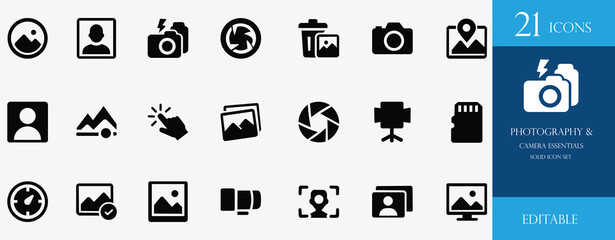 This photography and camera essentials icon set includes studio lights, lenses, tripods, flash, albums, portraits, editing tools, and more—perfect for photography projects