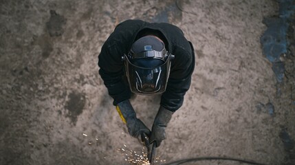 Welder framed with strong lighting, protective gear visible, sparks flying, showing intensity and industrial commitment.