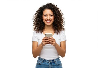 Happy young woman with curly hair using smartphone smiling at camera