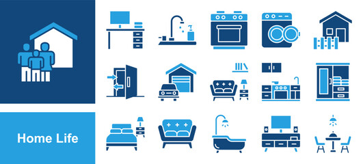 Home life icon set with bedroom, kitchen, living room, bathroom, dining table, chair, wardrobe, sofa, led tv and stove.