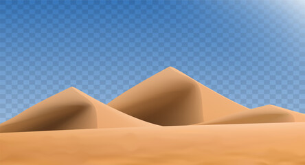 Realistic desert landscape isolated on transparent background. Sandy desert dunes. Vector