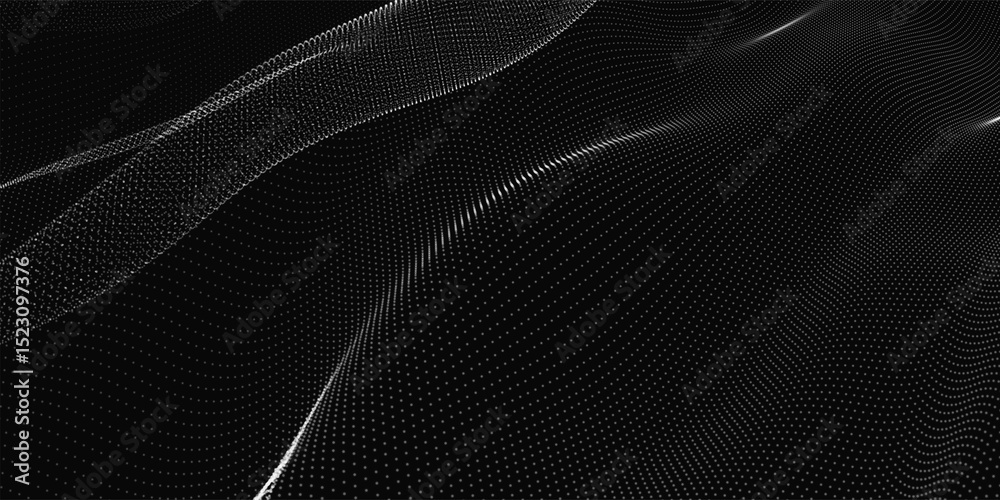 Poster futuristic dot wave. abstract digital particle wave. black and white music wave. dark background. di