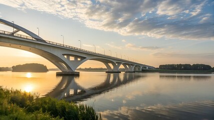 Fototapeta premium Modern concrete bridge spanning river at sunrise with calm water and cloudy sky