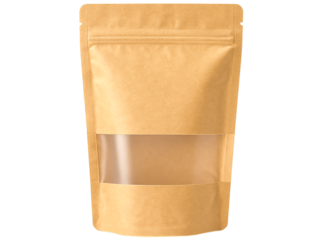 Kraft paper stand-up pouch with transparent window on white background, cut-out
