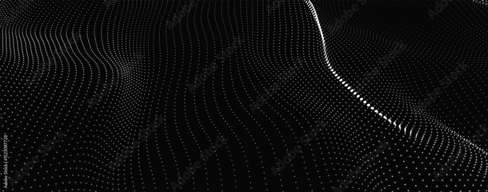 Poster futuristic dot wave. abstract digital particle wave. black and white music wave. dark background. di