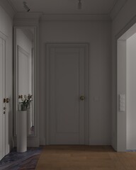 Interior design of modern hallway with doors and staircase 3d rendering