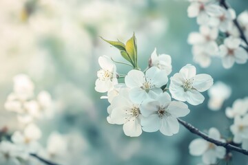 Obraz premium Blossoming white flowers create a serene atmosphere in spring at a garden during the early morning hours