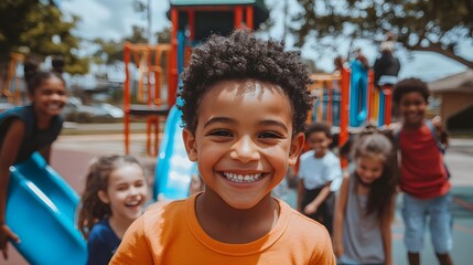 A group of kids smiling happily while playing on a colorful playground