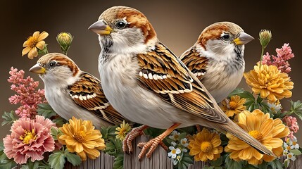 Naklejka premium Beautiful brown sparrows captured with detailed feathers high resolution photo