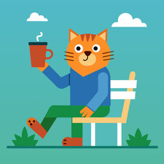 Silhouette vector illustration of a cat sitting on a chair and holding a coffee