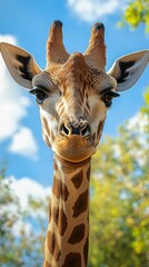 Naklejka premium Giraffe stands tall against a blue sky with trees in the background during a sunny day at the wildlife sanctuary