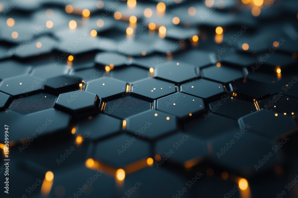 Poster abstract hexagonal pattern with luminous elements in dark tones