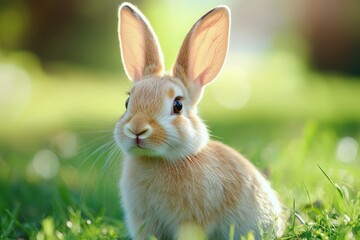 Fototapeta premium Cute brown rabbit sitting in green grass during sunny day in the park