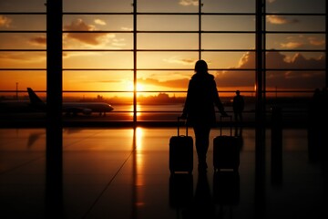 Silhouette of traveler with luggage at airport during sunset