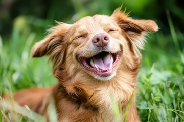 Obraz premium Happy golden retriever enjoying a sunny day in the grass