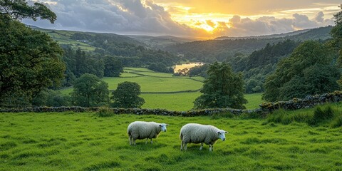 Scenic rural valley at sunset, sheep grazing in a grassy field