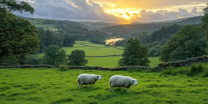 Scenic rural valley at sunset, sheep grazing in a grassy field