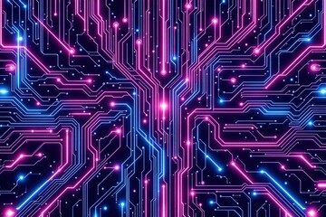 Vibrant digital circuit board design with intricate patterns and colorful connections
