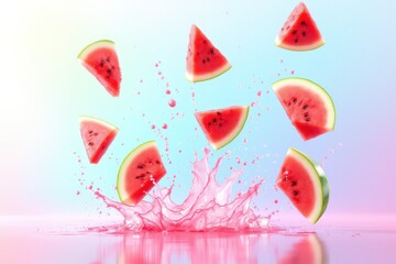 Watermelon slices splash in colorful background with vibrant liquid droplets