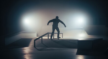 Silhouette of Skateboarder Performing Trick in Darkened Skate Park