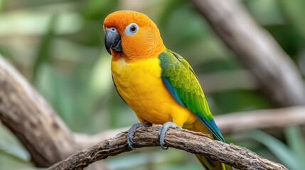 Naklejka premium Vibrant colorful parrot perched on a branch in a natural habitat showcasing stunning feathers and bright expression
