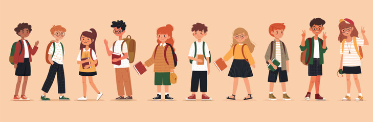 Back to school kids hand drawn style, education theme. Boys and girls with backpacks and booksVector illustration.