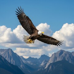 AI-Generated Realistic Majestic Bald Eagle Soaring Over Mountain Range with Clear Blue Skies and Fluffy Clouds
