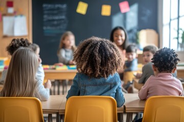 Obraz premium Children engage in classroom activities with attentive teacher guiding them during an interactive learning session