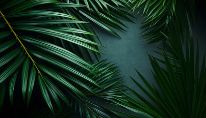 Lush tropical foliage with vibrant green leaves and textured palms, dark botanical flat lay composition., comic art. White tone