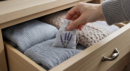 Hand placing lavender sachet in drawer with neatly folded knitted sweaters. organizing clothing storage with natural moth repellent. Wardrobe management, garment care with aromatic textile freshener
