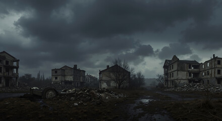 Fototapeta premium Destroyed abandoned town under dark stormy sky. Ruined buildings and debris in war zone or disaster area. Post-apocalyptic urban landscape with damaged structures