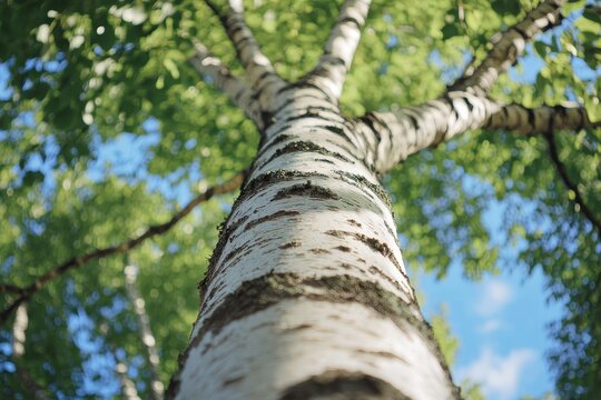 Tall birch tree reaching skyward under bright blue sky with vibrant green leaves