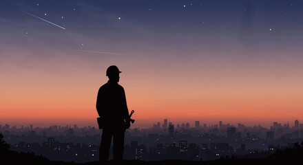 Fototapeta premium Man silhouette standing against starry night sky with city skyline. Person contemplating urban landscape at sunset. Dreams and inspiration concept