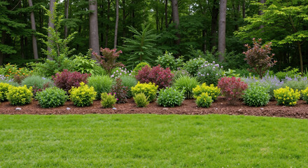 Landscaped garden border with colorful shrubs and green lawn. Mixed perennial plantings featuring purple yellow foliage near manicured grass area. Professional garden design. Landscaping services
