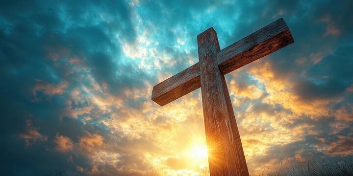 Wooden cross silhouetted against a dramatic sunset sky filled with colorful clouds