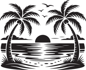Tropical Island Sunset Silhouette with Palm Trees and Birds | island vector graphic design element