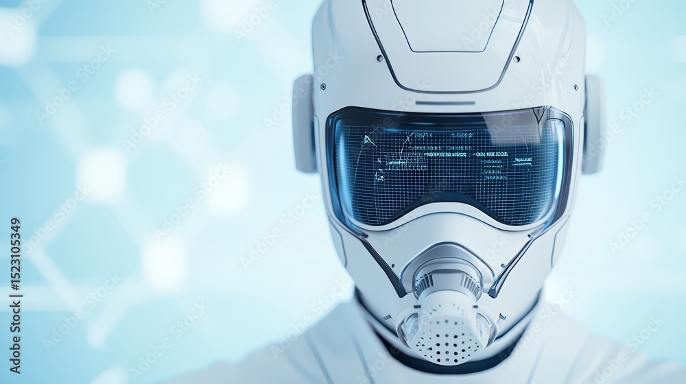 Poster futuristic robotic man with advanced visor and augmented reality display in a high-tech environment