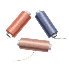 Spools of sewing thread in peach and blue colors arranged artistically on a white background copy space