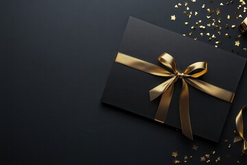 Elegant black gift box with gold ribbon and confetti scattered on dark surface